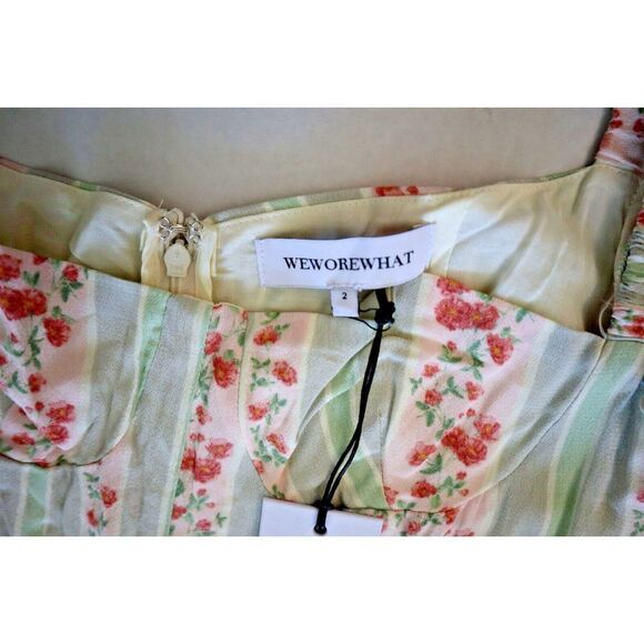 WeWoreWhat Women Sz 2 Green Victorian Floral Stripe Puff Sleeve Midi Dress - Picture 3 of 10